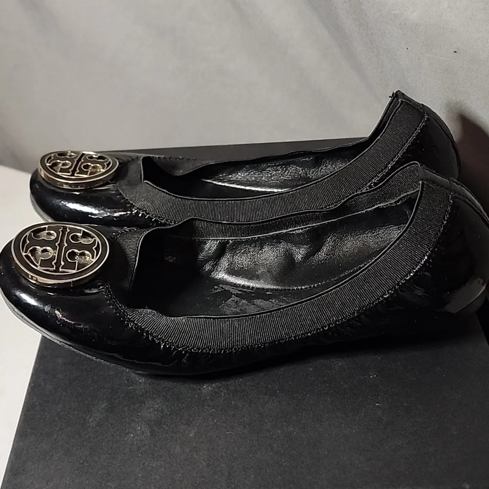 Tory Burch Glossy Black Flats with Gold Accent